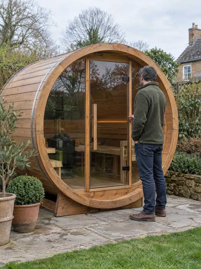 Man standing beside a barrel sauna to show its size