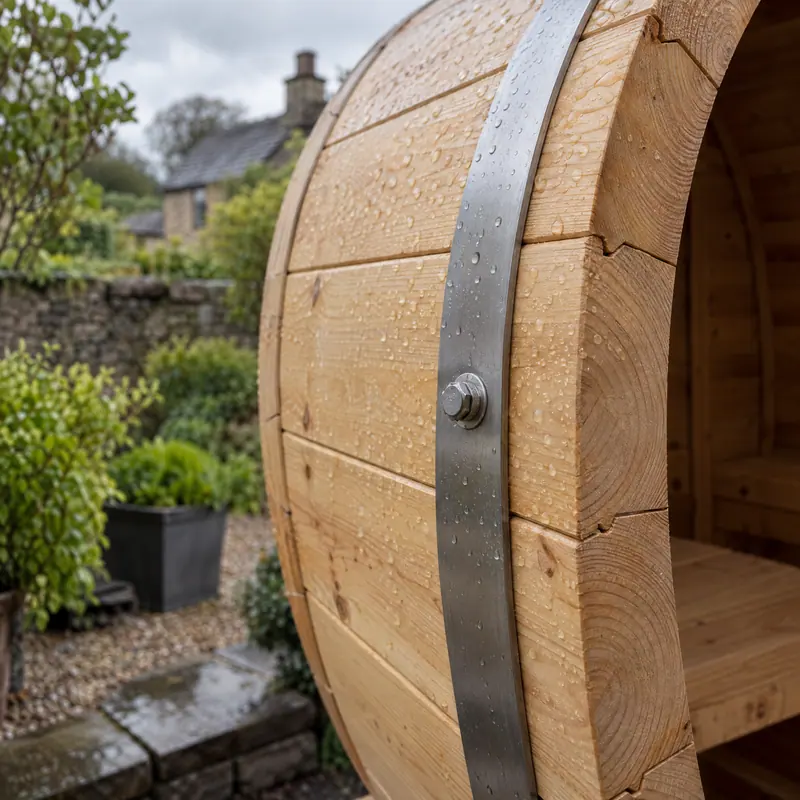 Close-up of barrel sauna staves and a steel band with raindrops