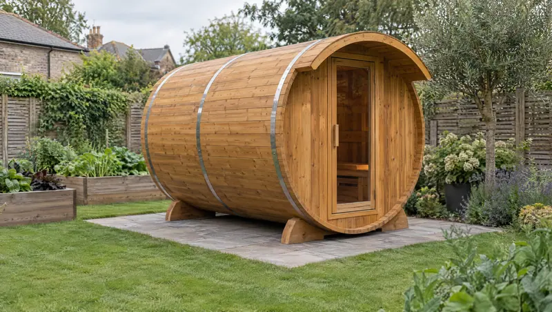 Barrel sauna on a paved base in a tidy British back garden