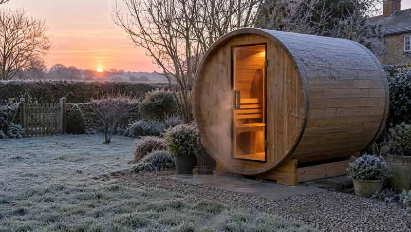 Barrel sauna with frost on its roof at sunrise