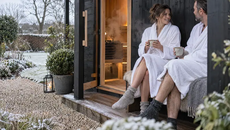 Two people in robes with mugs of tea on a garden sauna porch in winter