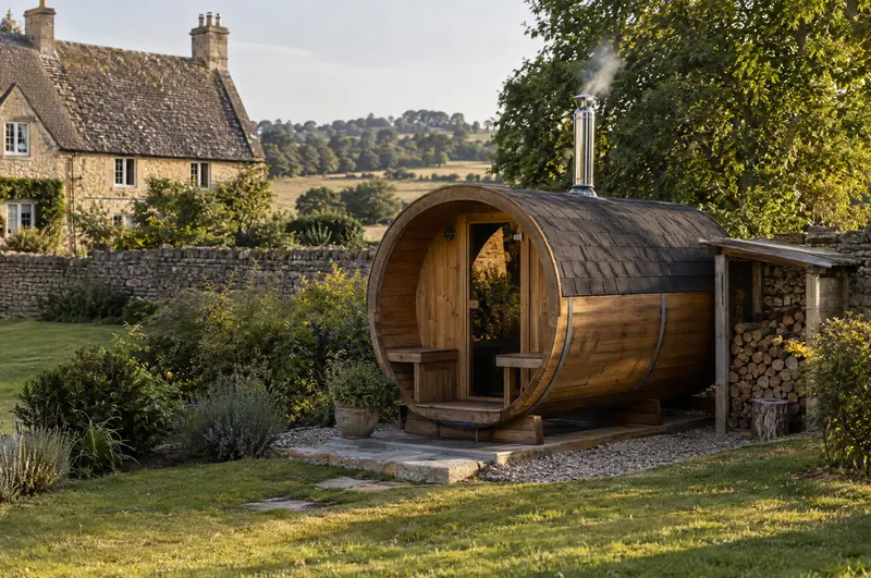 Wood-fired barrel sauna beside a stone cottage in the countryside
