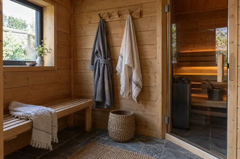 Small changing room with robes on hooks next to the sauna room