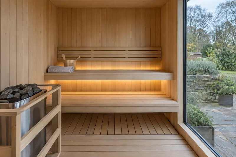 Inside a cabin sauna with two bench tiers and a glass wall