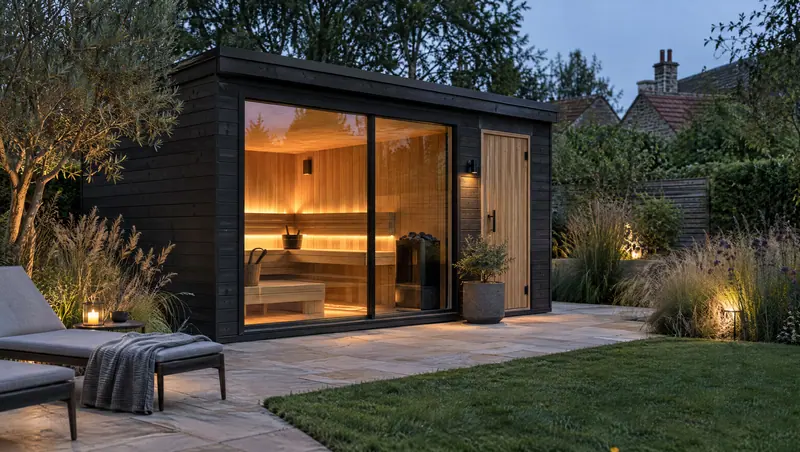 Black-clad cabin sauna with a glass front glowing at dusk