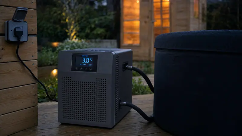 Ice bath chiller with a digital display connected to a garden tub