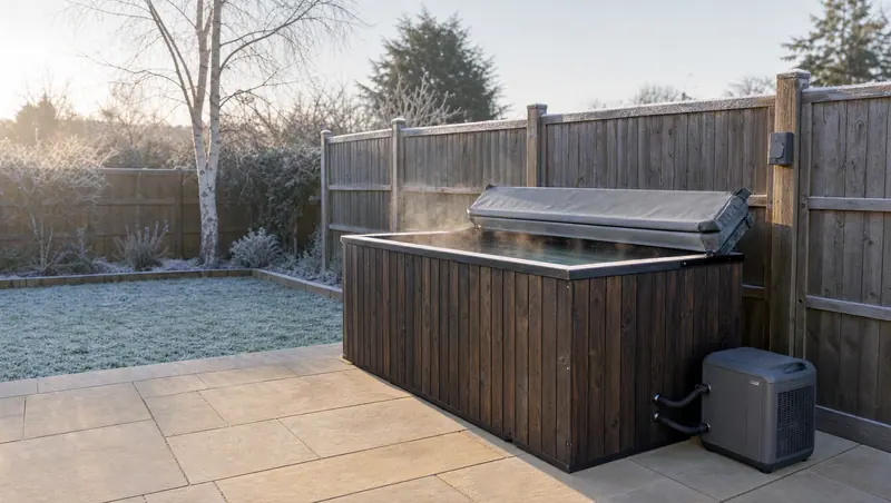 Cedar-clad cold plunge tub with its chiller on a frosty garden patio
