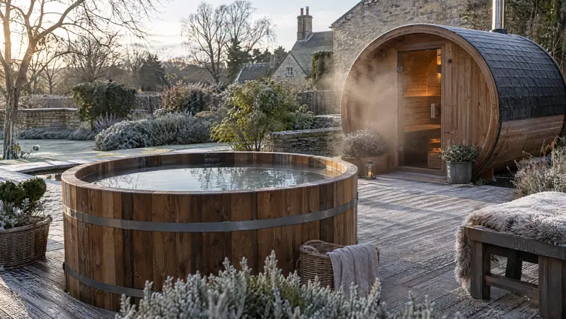 Timber cold plunge tub beside a barrel sauna on a frosty morning