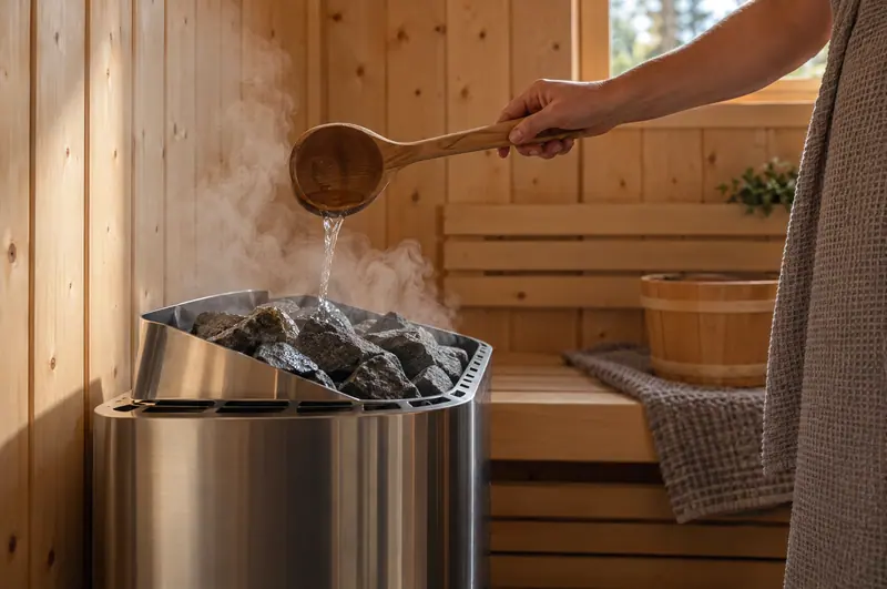 Water ladled onto an electric sauna heater's stones