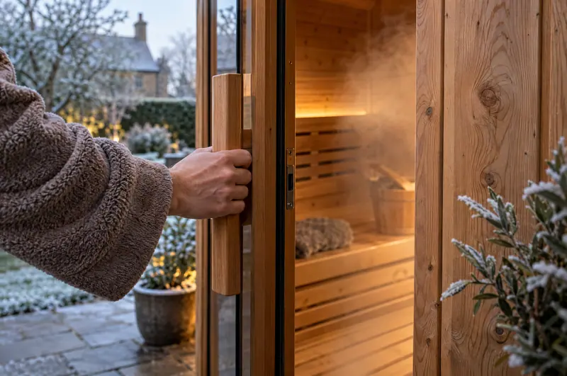 Hand opening a sauna door with steam spilling out