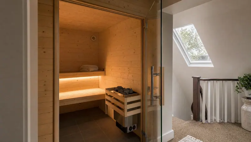 Small indoor sauna room in a converted loft, seen through its glass door