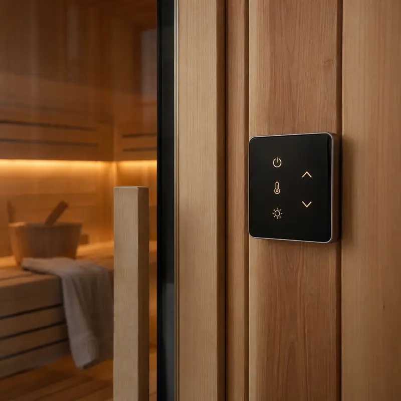 Sauna control panel set into a cedar wall