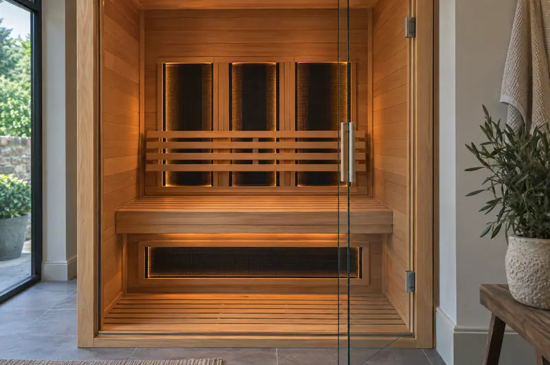 Inside an infrared sauna with flat heating panels behind the bench