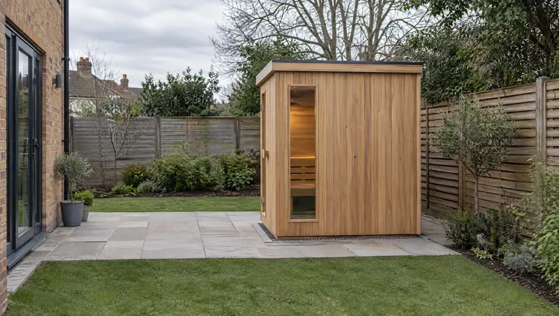 Garden sauna set back from a boundary fence