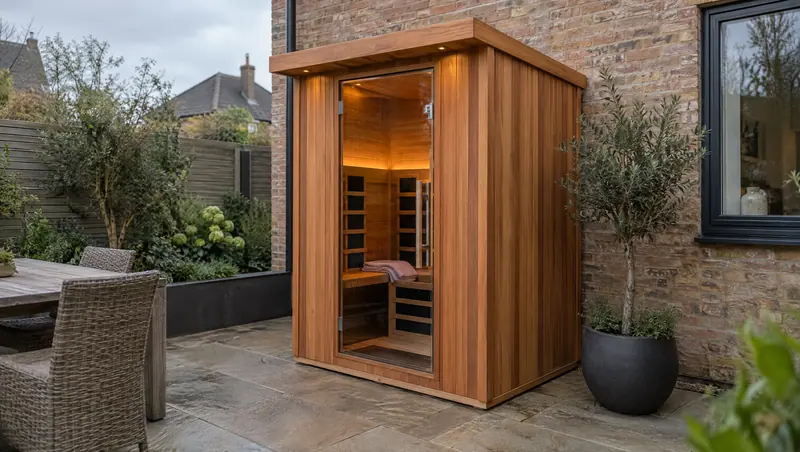 Two-person cedar outdoor infrared sauna on a patio