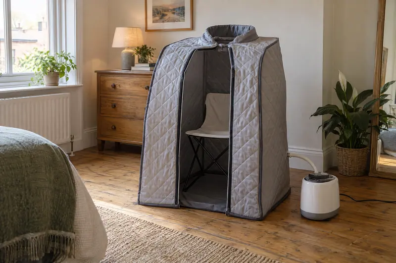 Portable fabric steam sauna pod set up in a spare room