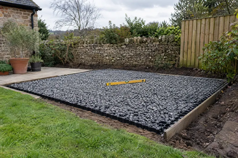 Gravel-filled plastic grid base ready for a sauna