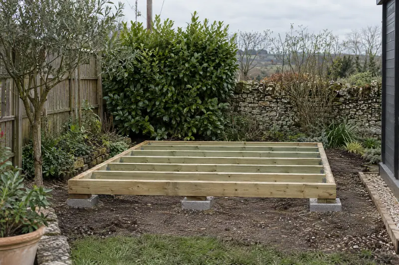 Timber-frame base on concrete pads ready for a sauna