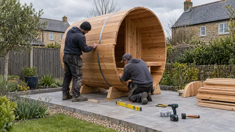 Two installers assembling a barrel sauna on a paved base