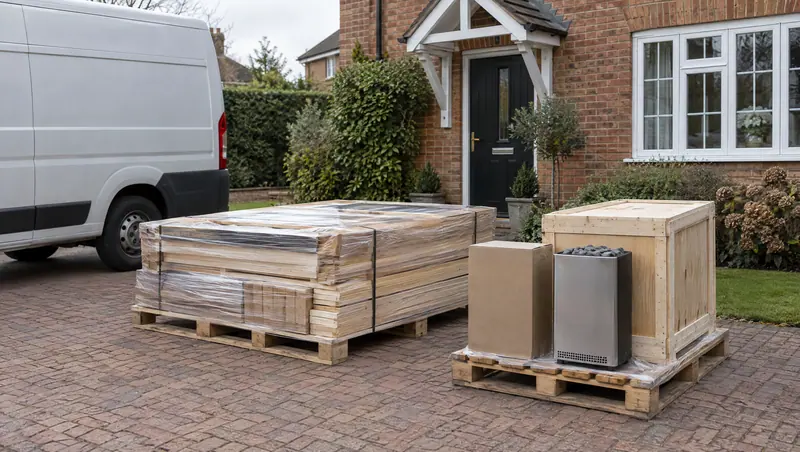 Flat-pack sauna kit on pallets on a driveway