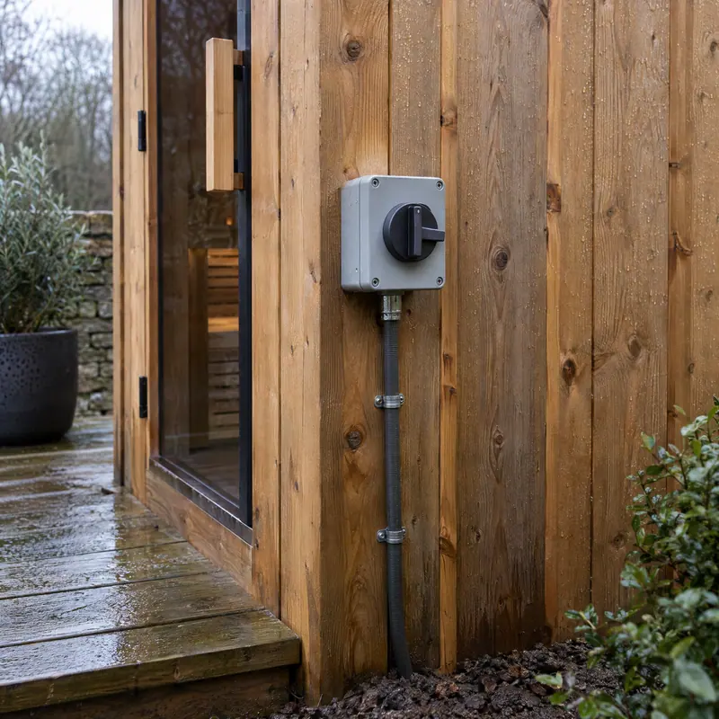 Weatherproof isolator switch on the outside of a garden sauna