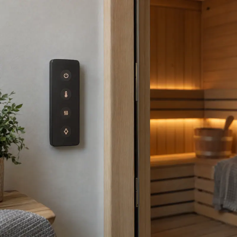 Wall-mounted sauna controller beside the sauna door