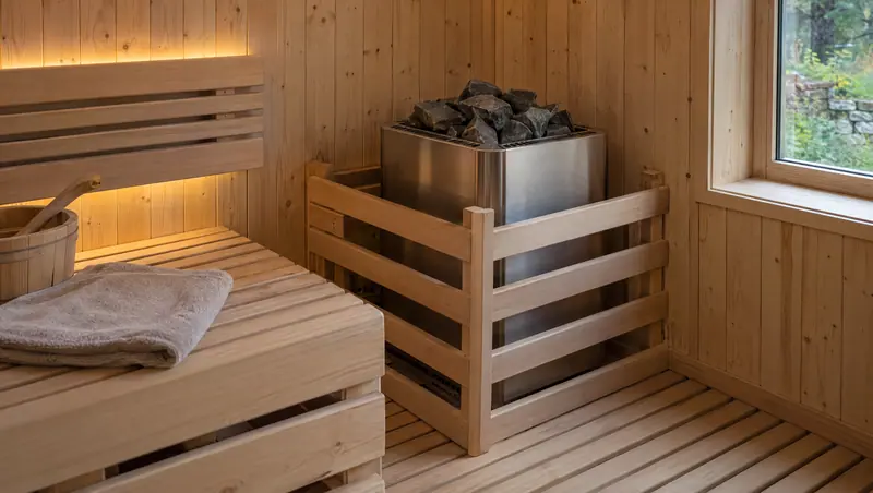 Stainless-steel electric sauna heater with stones behind a timber guard