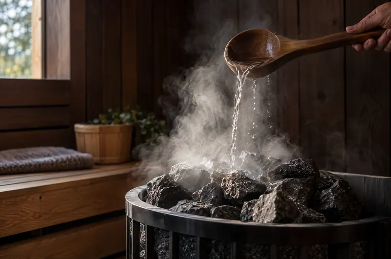 Water ladled onto hot sauna stones, releasing steam