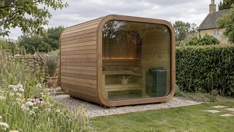 Rounded garden sauna pod with a panoramic glass end