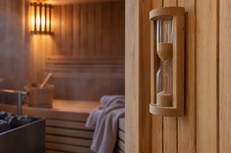 Sauna hourglass timer on a timber wall