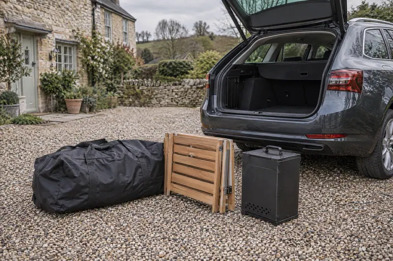 Packed sauna tent and stove beside an open car boot