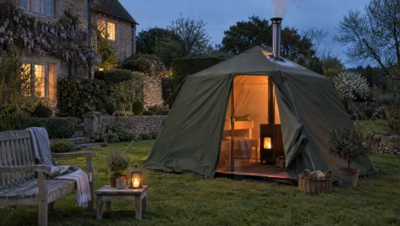 Canvas sauna tent glowing on a garden lawn at dusk