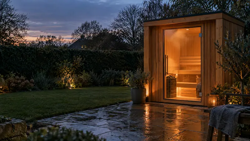 Garden sauna at dusk with space for a title