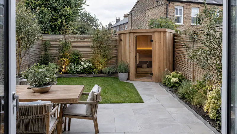 Compact sauna in the corner of a small townhouse garden