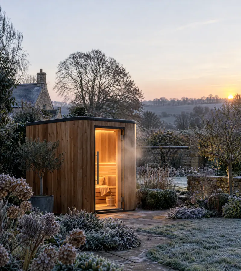Garden sauna at dawn in frost