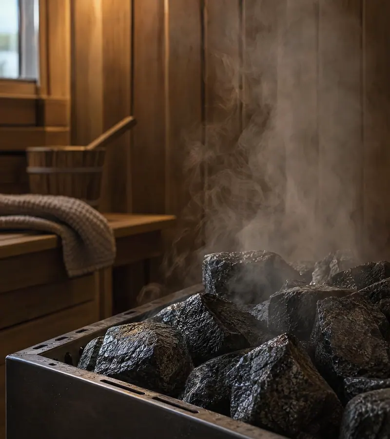 Steam rising from sauna stones