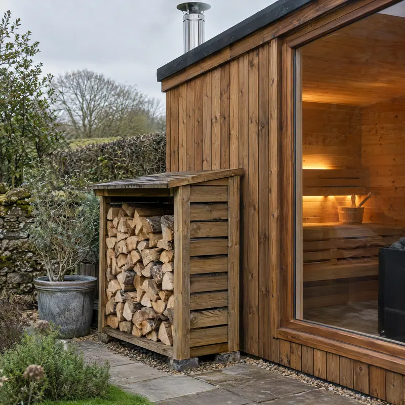 Split logs stacked beside a wood-fired sauna