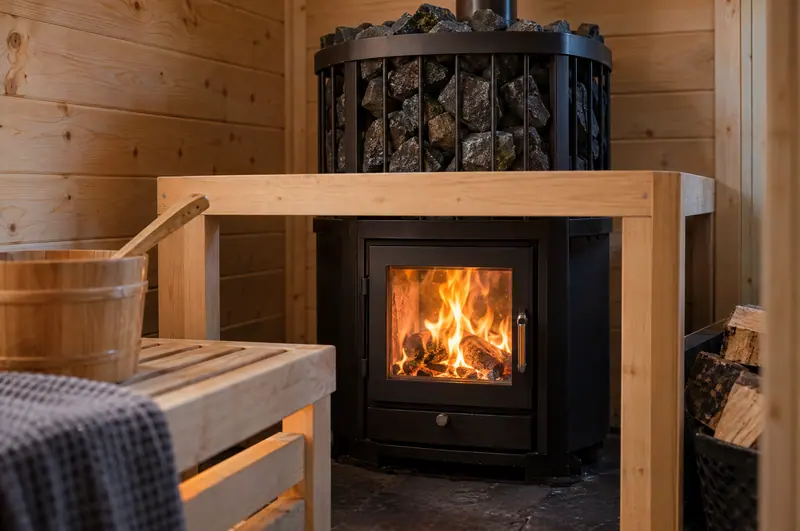 Wood-burning sauna stove with flames behind its glass door
