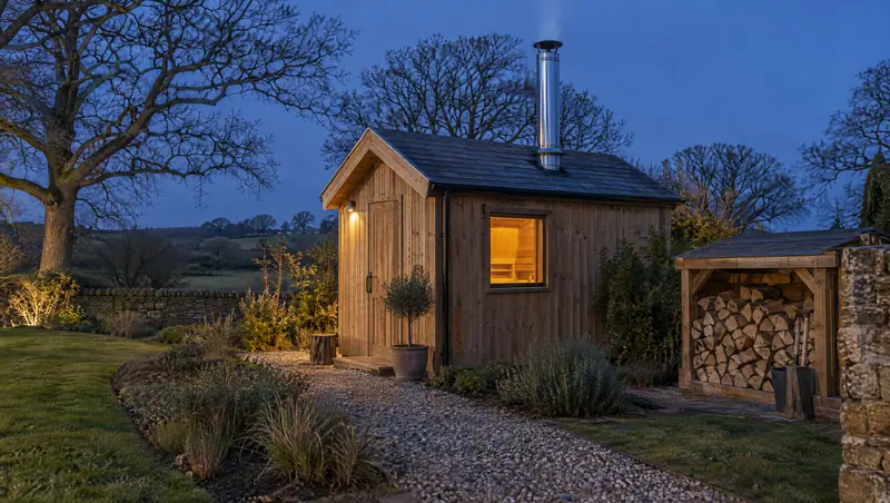 Wood-fired sauna cabin with a chimney in a rural garden at dusk